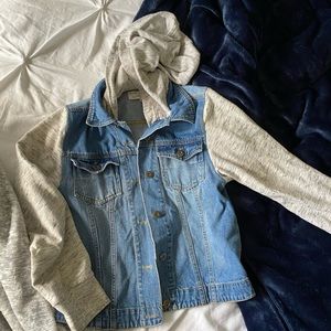 Denim jacket with gray heather sleeves and hood